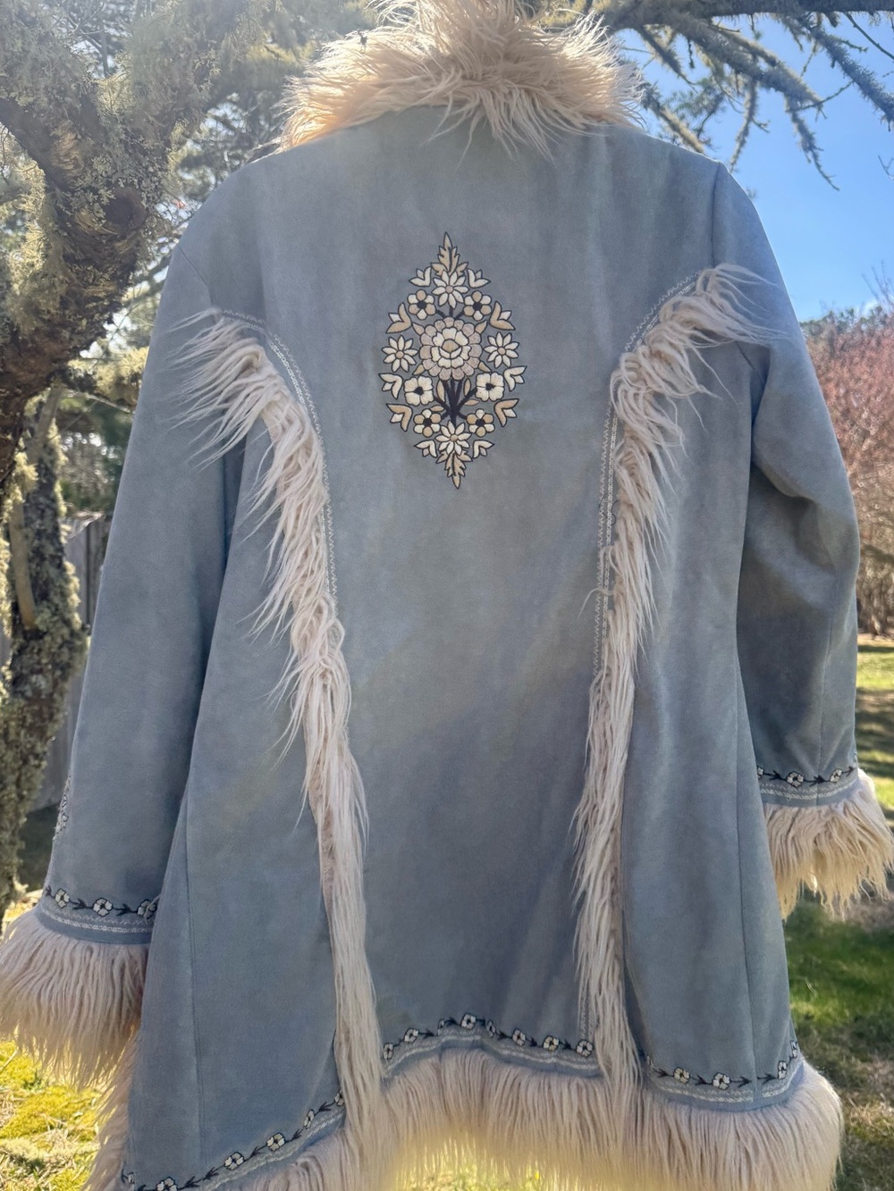 Spell & The Gypsy, Blue Faux-Suede Teddy Coat with Cream Faux-Fur Trim